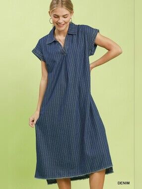 Umgee Navy Pinstripe Collared Denim-Style Swim Coverup